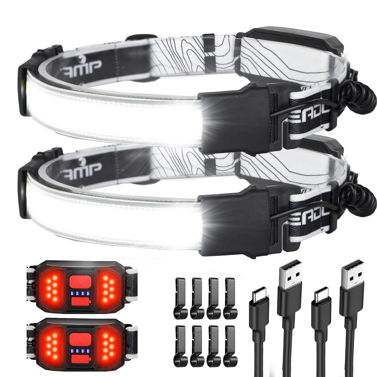Rechargeable LED Headlamp 1000 Lumens - 230° Wide Beam with Red Taillight, USB-C, Waterproof, Lightweight (2-Pack)