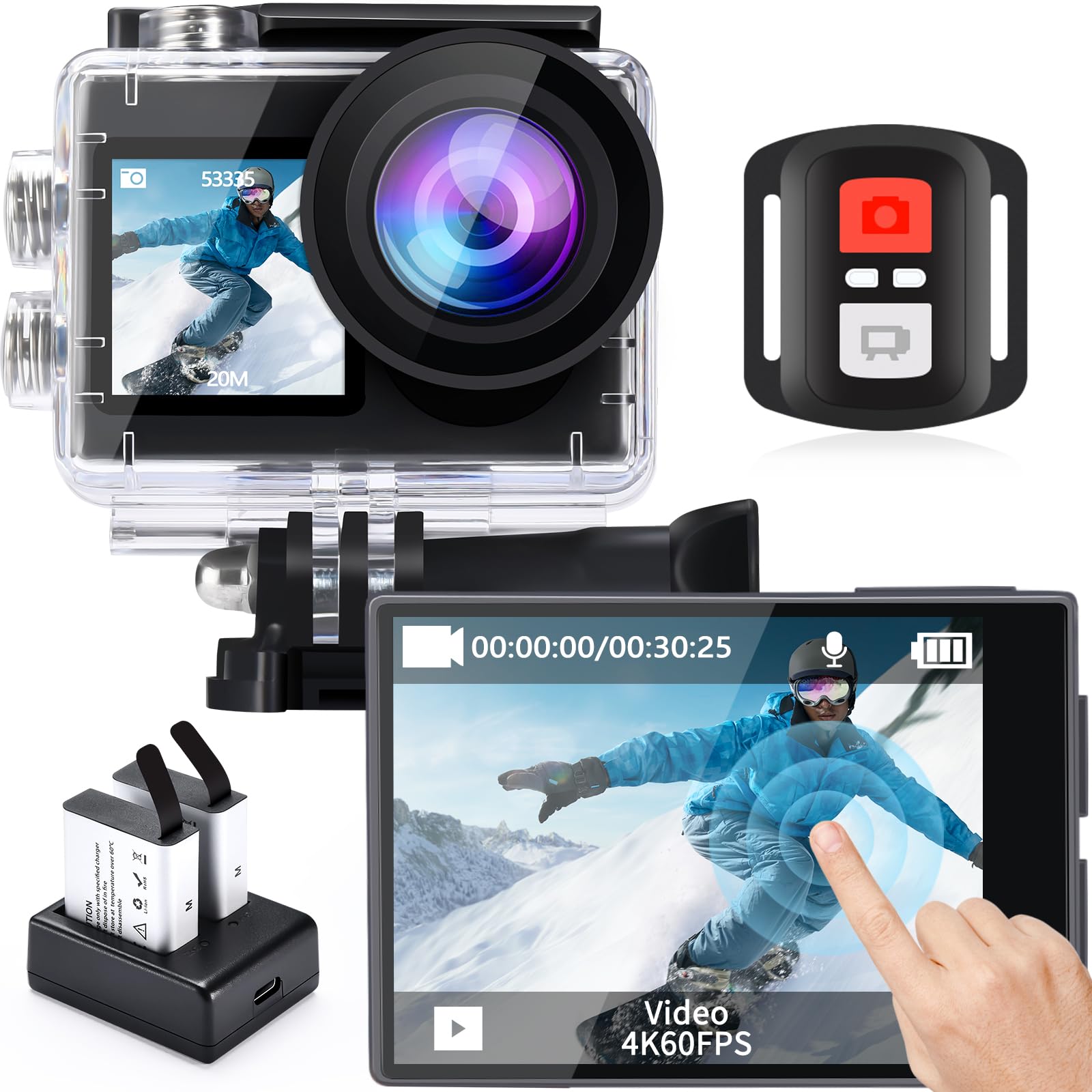Icefox 4K 60FPS Action Camera - 20MP Waterproof Underwater Camera with EIS, Dual Batteries & Accessories
